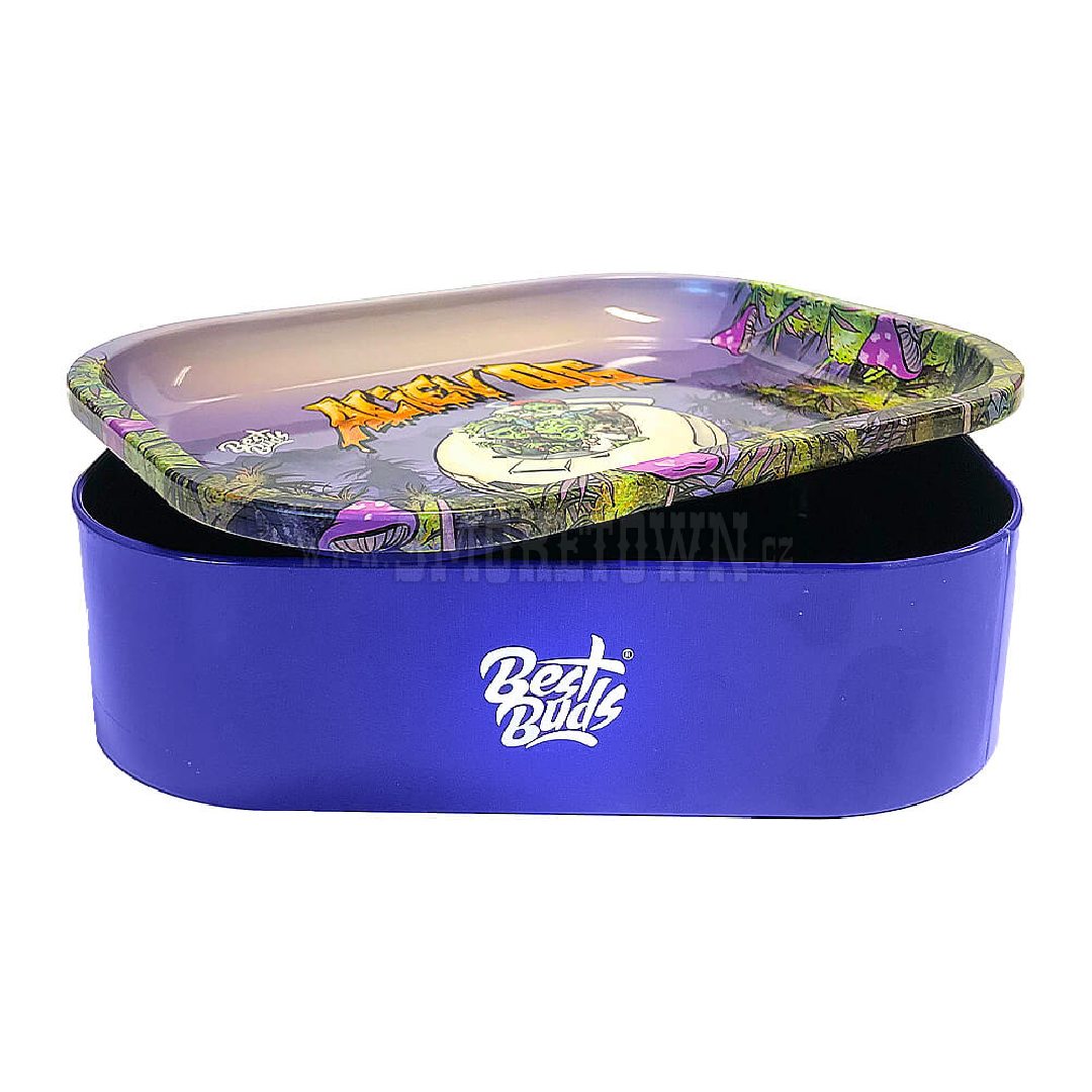 Best Buds Tin Box Rolling Tray with Storage Alien OG